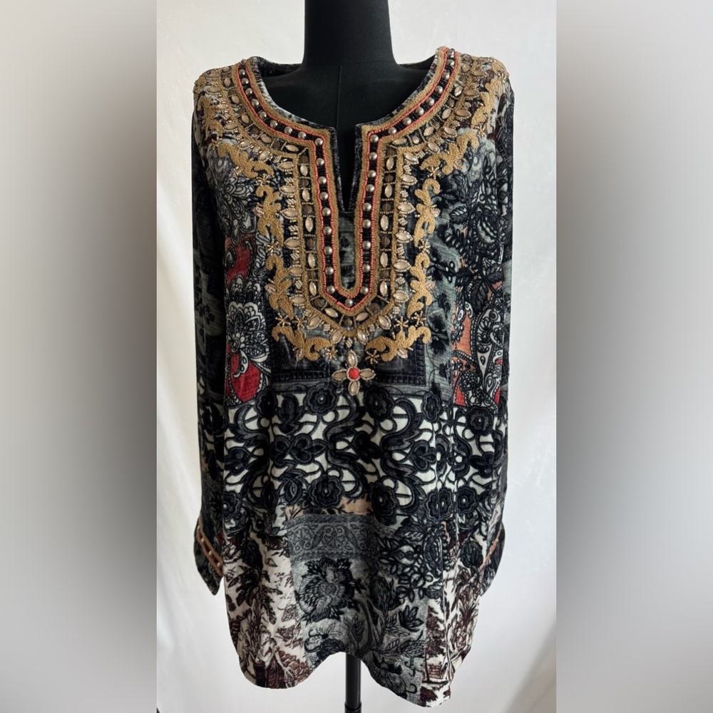 Soft Surroundings Black and Gold Embroidered Tunic with Red Accents